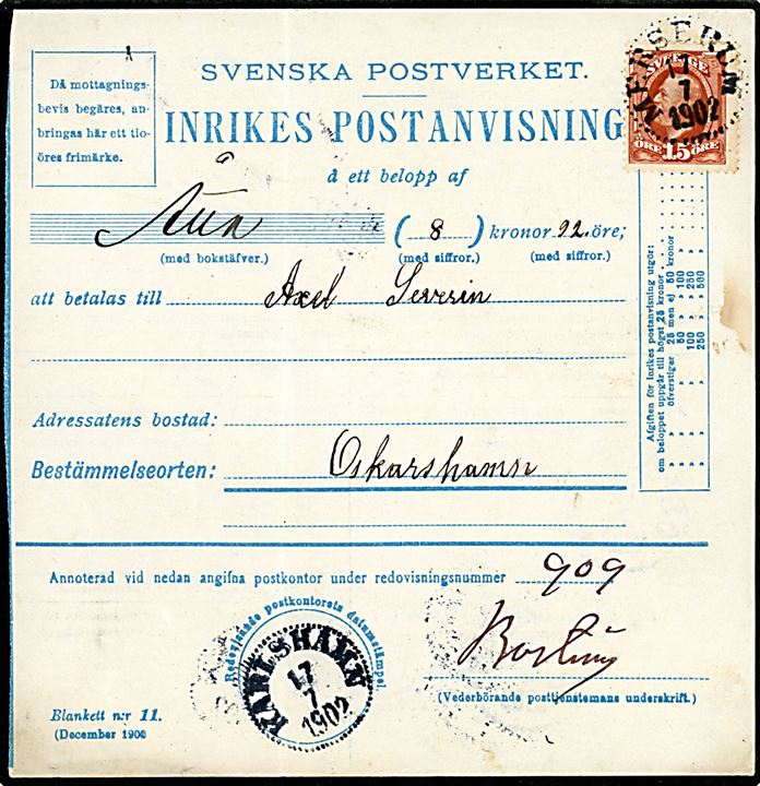 15 öre Oscar II på Inrikes Postanvisning fra Merserum d. 17.7.1902 til Oskarshamn. 