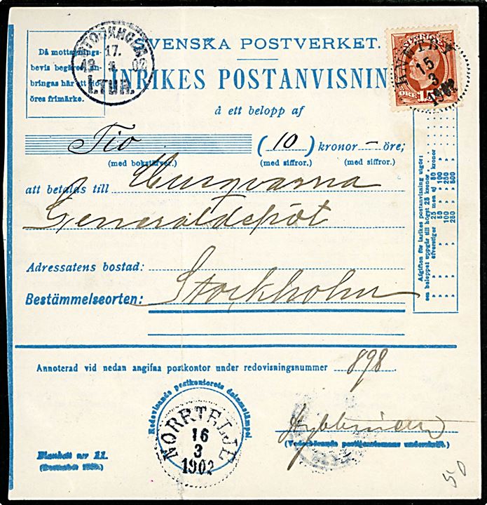 15 öre Oscar II på Inrikes Postanvisning fra Knutby d. 15.3.1902 via Norrtelje til Stockholm.