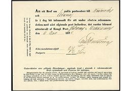 Postkvittering for afsendelse af anbefalet brev fra Ankarsrum d. 6.11.1870 til Westervik