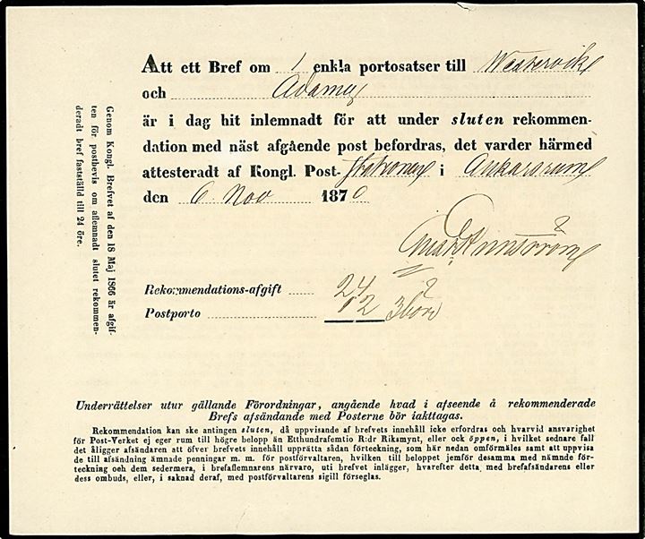 Postkvittering for afsendelse af anbefalet brev fra Ankarsrum d. 6.11.1870 til Westervik