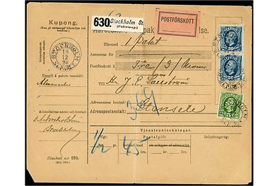 5 öre, 20 öre (2) Oscar II på adressekort for pakke med postopkrævning fra Stockholm d. 16.12.1898 til Stansele. 