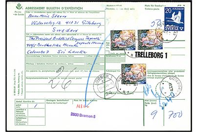10 kr. (3) og 20 kr. På internationalt adressekort for pakke fra Göteborg d. 13.2.1976 via Trelleborg og Lübeck til Colombo, Sri Lanka. 