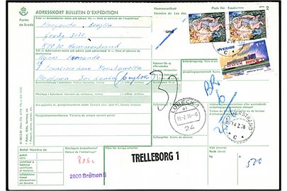 1 kr. og 10 kr. (par) på 21 kr. frankeret internationalt adressekort for pakke fra Hammarstrand d. 14.2.1976 via Trelleborg og Lübeck til Maratawa, Sri Lanka.