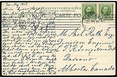 5 øre Fr. VIII i parstykke på brevkort fra Kjøbenhavn d. 7.5.1912 til Bassano. Alberta, Canada. Ank.stemplet på bagsiden.