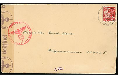 20 øre Karavel på brev fra Lemvig d. 10.8.1942 til Oberschütze ved feldpostnummer 10412E (= 4. Kompanie Festungs-Bataillon 664) stationeret i Narvik, Norge. Åbnet af tysk censur i Hamburg.