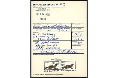 Berigtigelseskort for underfrankeret Brev med modtagelsesbevis ikke sendt som R-brev fra Måløv d. 15.11.1976 til Kolding. Tilsvaret med 2 kr. Odder i parstykke annulleret med trodat stempel Kolding Postkontor d. 18.11.1976.