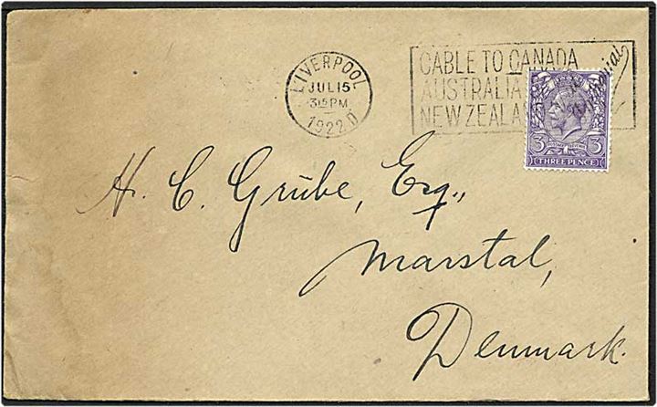 3 pence på brev fra Liverpool, England, d. 15.7.1922 til Marstal.