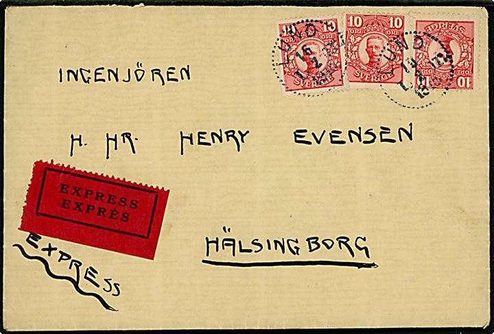 10 öre Gustaf (3) på ekspresbrev fra Lund d. 16.2.1915 til Hälsingborg.