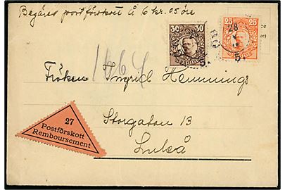 25 öre og 30 öre Gustaf på korrespondancekort med postopkrævning (6 kr. 5 öre) fra Göteborg d. 28.8.1919 til Luleå.