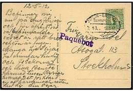 5 öre Gustaf på brevkort (Fährschiff Konung Gustaf V) annulleret med tysk bureaustempel Berlin - Sassnitz Bahnpost Z.18 d. 12.5.1912 og sidestemplet Paquebot til Stockholm, Sverige.