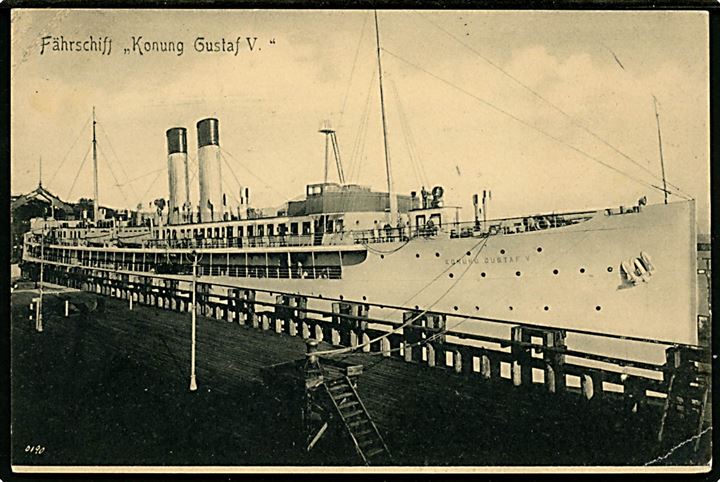 5 öre Gustaf på brevkort (Fährschiff Konung Gustaf V) annulleret med tysk bureaustempel Berlin - Sassnitz Bahnpost Z.18 d. 12.5.1912 og sidestemplet Paquebot til Stockholm, Sverige.