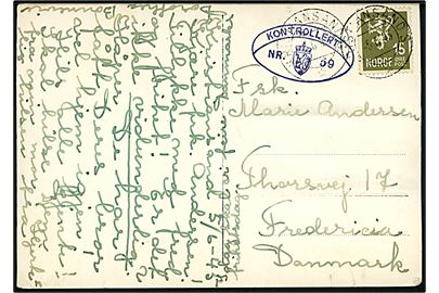15 øre Løve på brevkort (Kronprins Olavs hjemkomst d. 15.5.1945) fra Kristiansand S. d. 5.6.1945 til Fredericia, Danmark. Norsk efterkrigscensur: Kontrolleret Nr. 59.