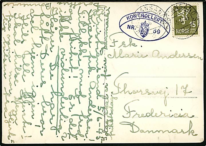 15 øre Løve på brevkort (Kronprins Olavs hjemkomst d. 15.5.1945) fra Kristiansand S. d. 5.6.1945 til Fredericia, Danmark. Norsk efterkrigscensur: Kontrolleret Nr. 59.