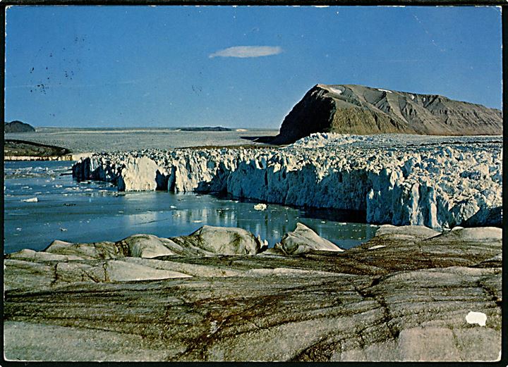40 øre på brevkort (Svalbard, Kongsbreen) stemplet Longyearbyen d. 7.8.1967 og sidestemplet Stauferland - Expedition / Spitzbergen 1967 til Farsta, Sverige.