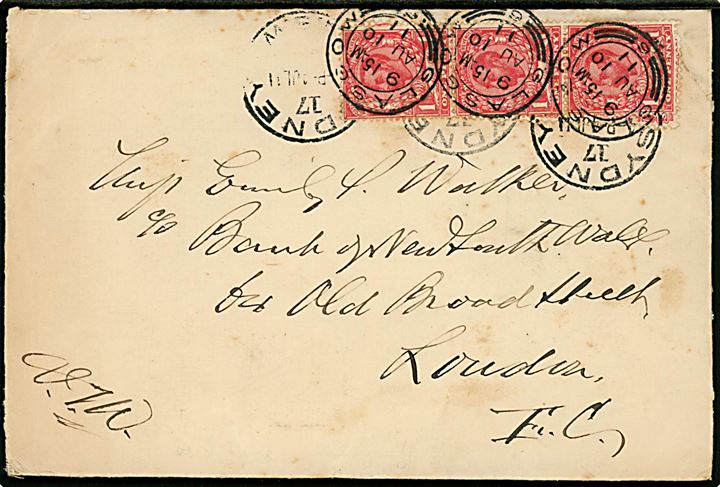 New Youth Wales 1d (2) på brev fra Sydney N.S.W. d. 4.7.1911 til London, England. Opfrankeret med Britisk 1d George V (3) og annulleret Glasgow d. 10.8.1911. 