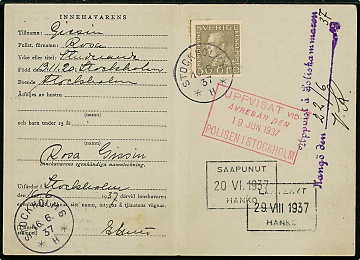 50 öre Gustaf single på Nordisk Resekort (Pv.tr.Sth. 1936) annulleret Stockholm d. 16.6.1937. Indeholder visering fra Stockholm og finske ind- og udrejse stempler fra Hangö