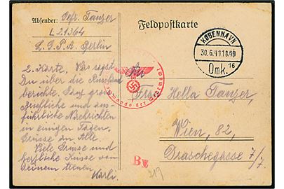 Ufrankeret tysk feltpostkort fra soldat ved feltpost-nr. L21364 LGPA Berlin (= 6. Batterie Flak-Regiment 33) dateret d. 29.6.1941 med stempel København Omk. d. 30.6.1941 til Wien, Tyskland. Tysk censur fra hamburg.
