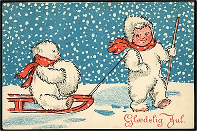 Julekort med dreng der tækker lille bjørn på slæde. Rudolf Olsen no. 201.