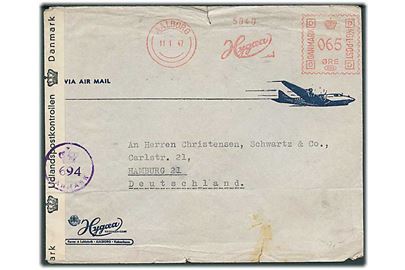 65 øre firma-franko frankeret luftpostbrev fra Aalborg d. 11.1.1947 til Hamburg, Tyskland. Efterkrigscensur (krone)/694)/Danmark.