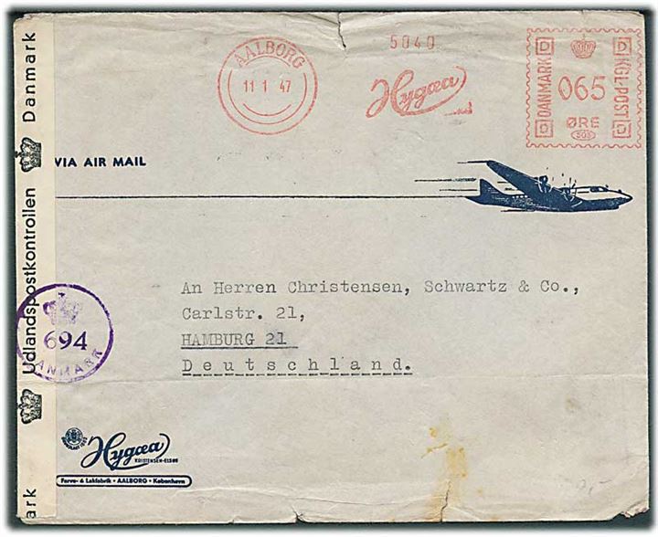 65 øre firma-franko frankeret luftpostbrev fra Aalborg d. 11.1.1947 til Hamburg, Tyskland. Efterkrigscensur (krone)/694)/Danmark.