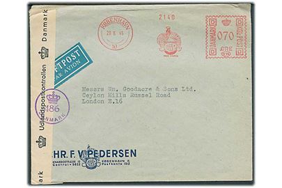 70 øre firma-frankofrankeret luftpostbrev fra København d. 29.6.1945 til London, England. Efterkrigscensur (krone)/486/Danmark.