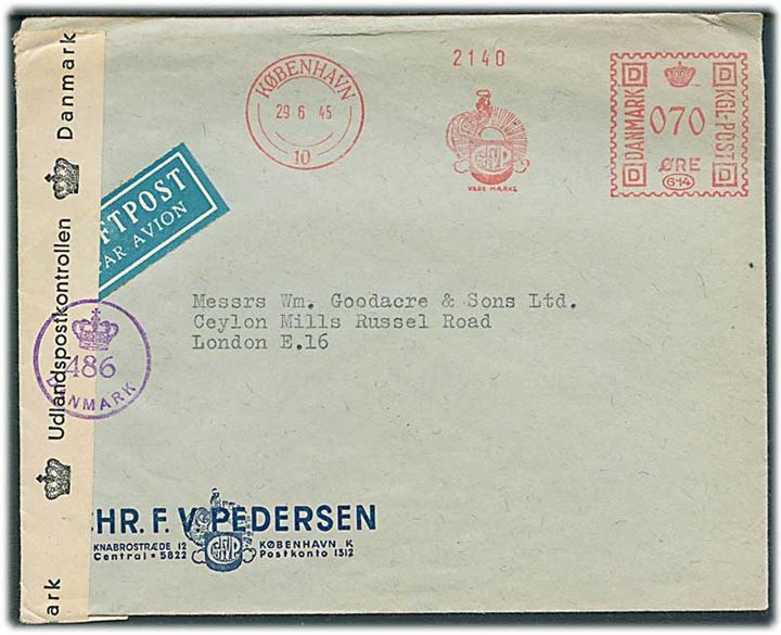 70 øre firma-frankofrankeret luftpostbrev fra København d. 29.6.1945 til London, England. Efterkrigscensur (krone)/486/Danmark.