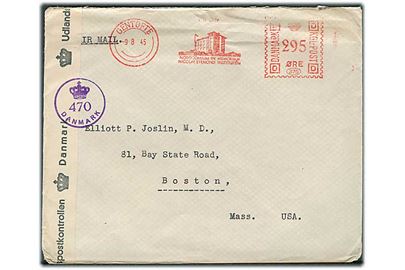 2,95 kr. firma-franko frankeret luftpostbrev fra Gentofte d. 9.8.1945 til Boston, USA. Efterkrigscensur (krone)/470/Danmark.