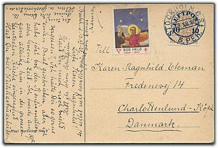 10 øre Luftpost provisorium og Julemærke 1920-21 på brevkort fra Stockholm d. 13.12.1920 til Charlottenlund, Danmark.