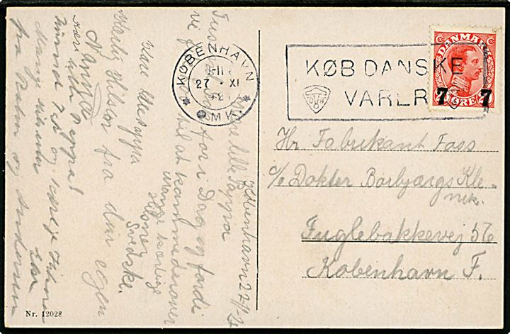 Købh., Personbanegaarden. No. 12028. Frankeret med 7/20 øre Provisorium og sendt lokalt i København d. 27.11.1927.