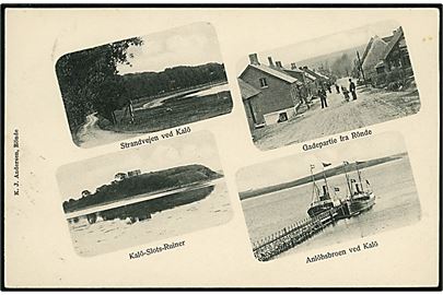 Rønde, gadeparti, Strandvejen ved Kalø, Kalø slotsruin og anløbsbro ved Kalø med dampskibe. K. J. Andersen u/no.
