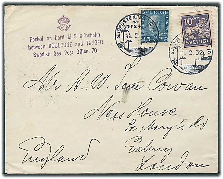25 öre Gustaf og 10 öre Løve på brev annulleret med skibsstempel Sjöpostexpedition 70 M/F Gripsholm d. 11.2.1932 til London, England. Sendt mellem Boulogne og Tanger.