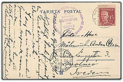 15 öre Gustaf på brevkort annulleret med skibsstempel Sjöpostexpedition 70 M/F Gripsholm d. 20.1.1934 til Malmö, Sverige. Sendt mellem Southampton og Cadiz.
