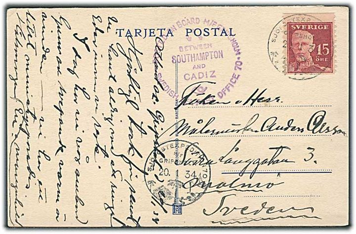 15 öre Gustaf på brevkort annulleret med skibsstempel Sjöpostexpedition 70 M/F Gripsholm d. 20.1.1934 til Malmö, Sverige. Sendt mellem Southampton og Cadiz.