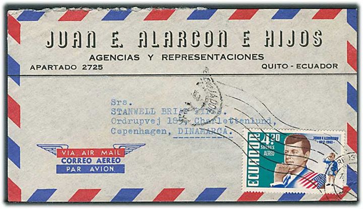 4,20 s. Kennedy udg. på luftpostbrev fra Quito ca. 1963 til Charlottenlund.