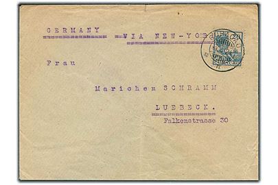 Curacao. 20 c. Wilhelmina single på brev fra Curacao d. 19.4.1924 til Lübeck, Tyskland. Fra sømand ombord på S/S Heinz Horn. Bagklap mgl.