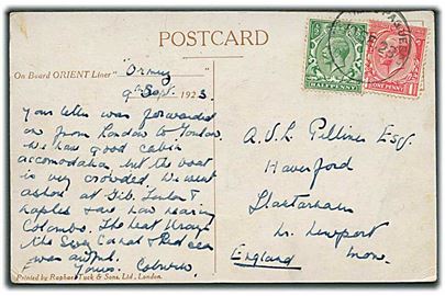 ½d og 1d George V på Tuck postkort (Gibraltar) skrevet ombord på Orient Liner S/S Ormuz d. 9.9.1923 og annulleret med skibsstempel Colombo Paquebot d. 10.9.1923 til England.