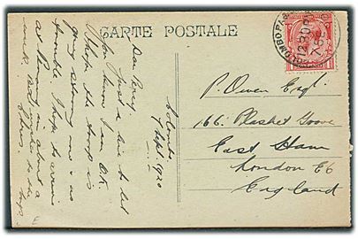 1d George V på brevkort fra Colombo annulleret med skibsstempel Colombo Paquebot d. 7.9.1920 til London, England.