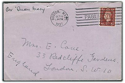 1½d George VI på fortrykt rederikuvert annulleret med skibsstempel Boston, Mass. / Paquebot d. 18.10.1937 til London, England. Påskrevet: Per Queen Mary.