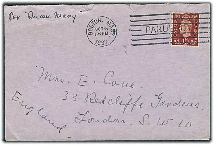 1½d George VI på fortrykt rederikuvert annulleret med skibsstempel Boston, Mass. / Paquebot d. 18.10.1937 til London, England. Påskrevet: Per Queen Mary.