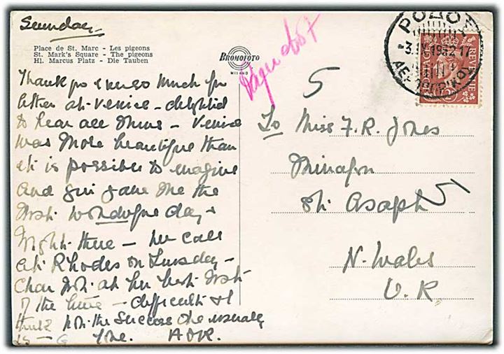 2d George VI på brevkort (Venezia, Italien) annulleret med græsk stempel på Rhodos d. 3.9.1952 og påskrevet Paquebot til N. Wales, U.K.