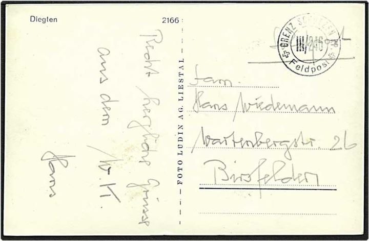 Feltpostkort fra grænse skolen d. 2.3.1946 til Birsfelden, Schweiz.