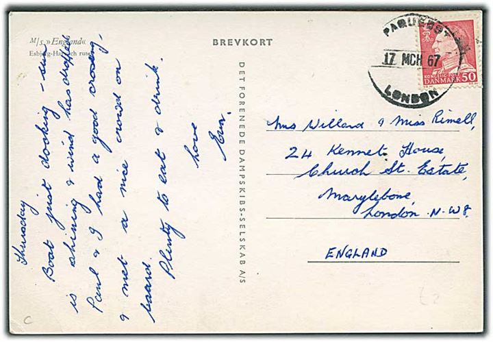 50 øre Fr. IX på brevkort (DFDS M/S England) annulleret med engelsk skibsstempel Paquebot London d. 17.3.1967 til London, England.