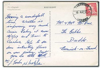 50 øre Fr. IX på brevkort (DFDS M/S England) annulleret med engelsk skibsstempel Paquebot London d. 19.5.1967 til England.