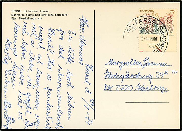 70 øre Kalkmaleri på brevkort annulleret med spejder særstempel Farsø * Det danske Spejderkorps * Korpslejr 1974 d. ?.7.1974 til Kastrup.