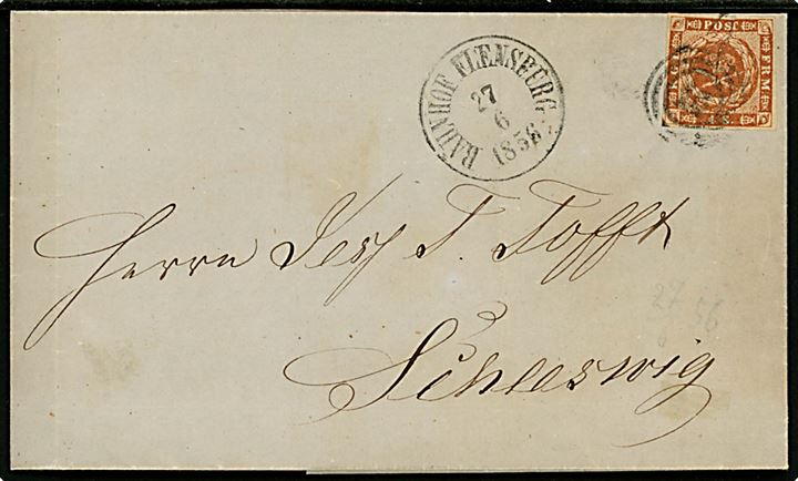 4 sk. 1854 udg. på brev annulleret med svagt nr.stempel 16 og sidestemplet antiqua Bahnhof Flensburg d. 27.6.1856 til Schleswig.