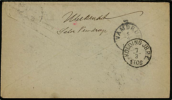 8 øre Tofarvet på brev fra Kolding d. 4.3.1896 til Ø. Vamdrup. Retur med stempel Retour og påskrift Ubekendt Øster Vamdrup. 