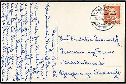 30 øre Fr. IX på brevkort (Søndervig med Vesterhavet) annulleret med pr.-stempel Søndervig pr. Ringkøbing d. 20.7.1955 til Faarevejle.