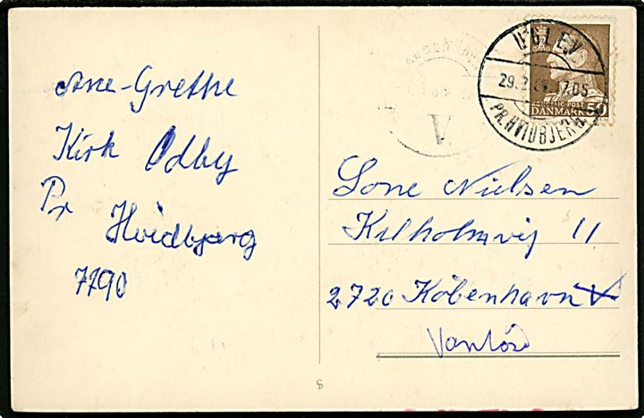 50 øre Fr. IX på brevkort annulleret med pr.-stempel Uglev pr. Hvidbjerg d. 29.12.1968 til Vanløse.
