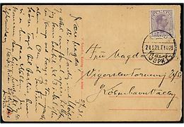 15 øre Chr. X på brevkort fra Kolding annulleret med reserve bureaustempel (R7) Nørrejyll's JBPKT. sn1 T.1029 d. 24.3.1921 til København. Kortet slidt i højre side. Reservestempel benyttet på strækningen Fredericia-Struer.
