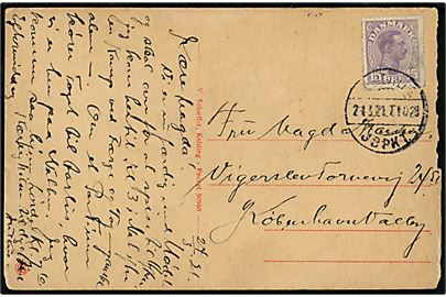 15 øre Chr. X på brevkort fra Kolding annulleret med reserve bureaustempel (R7) Nørrejyll's JBPKT. sn1 T.1029 d. 24.3.1921 til København. Kortet slidt i højre side. Reservestempel benyttet på strækningen Fredericia-Struer.